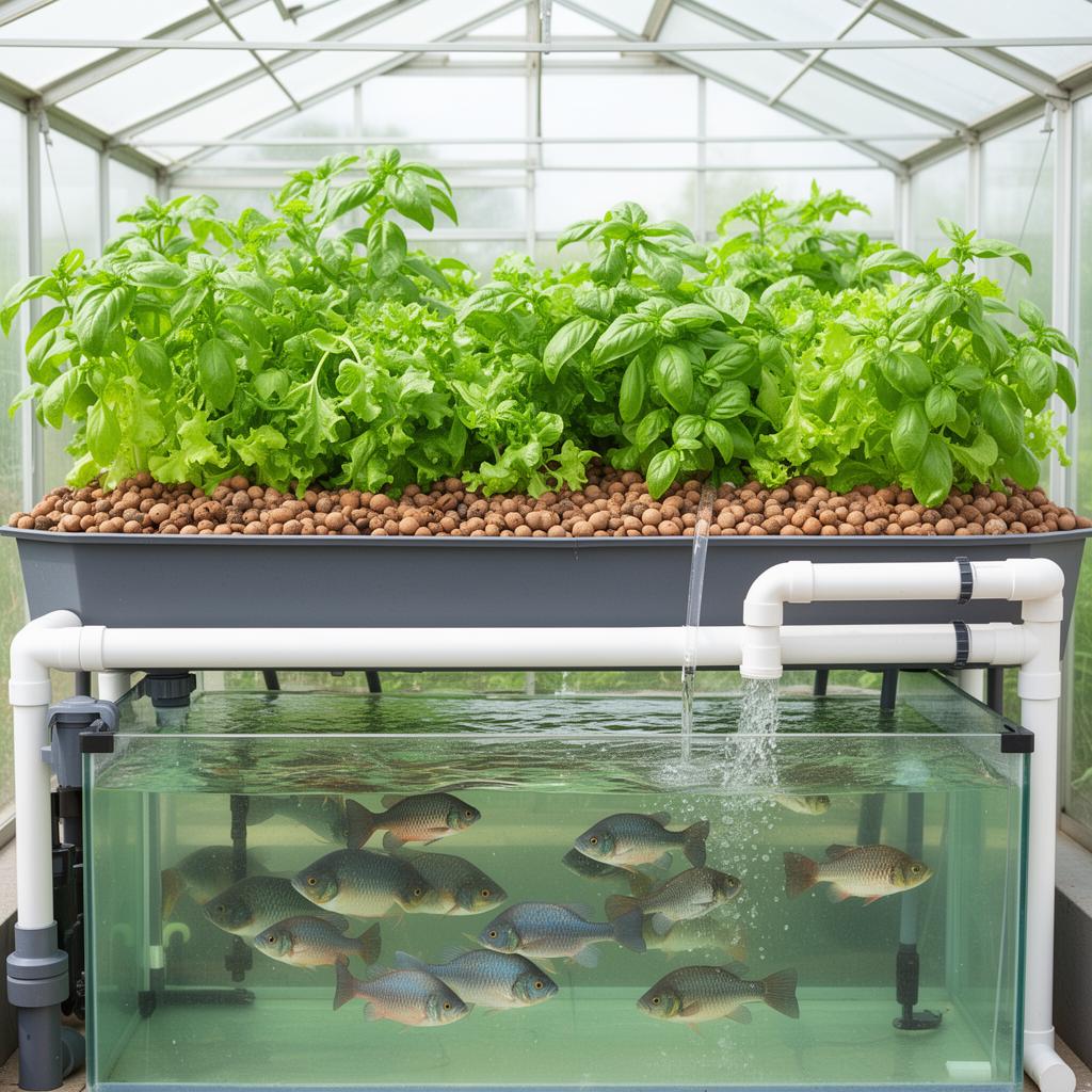 Closed-loop aquaponics greenhouse pairing tilapia fish tanks with leafy green grow beds, designed under Prof. Rapatsa-Malatji's research