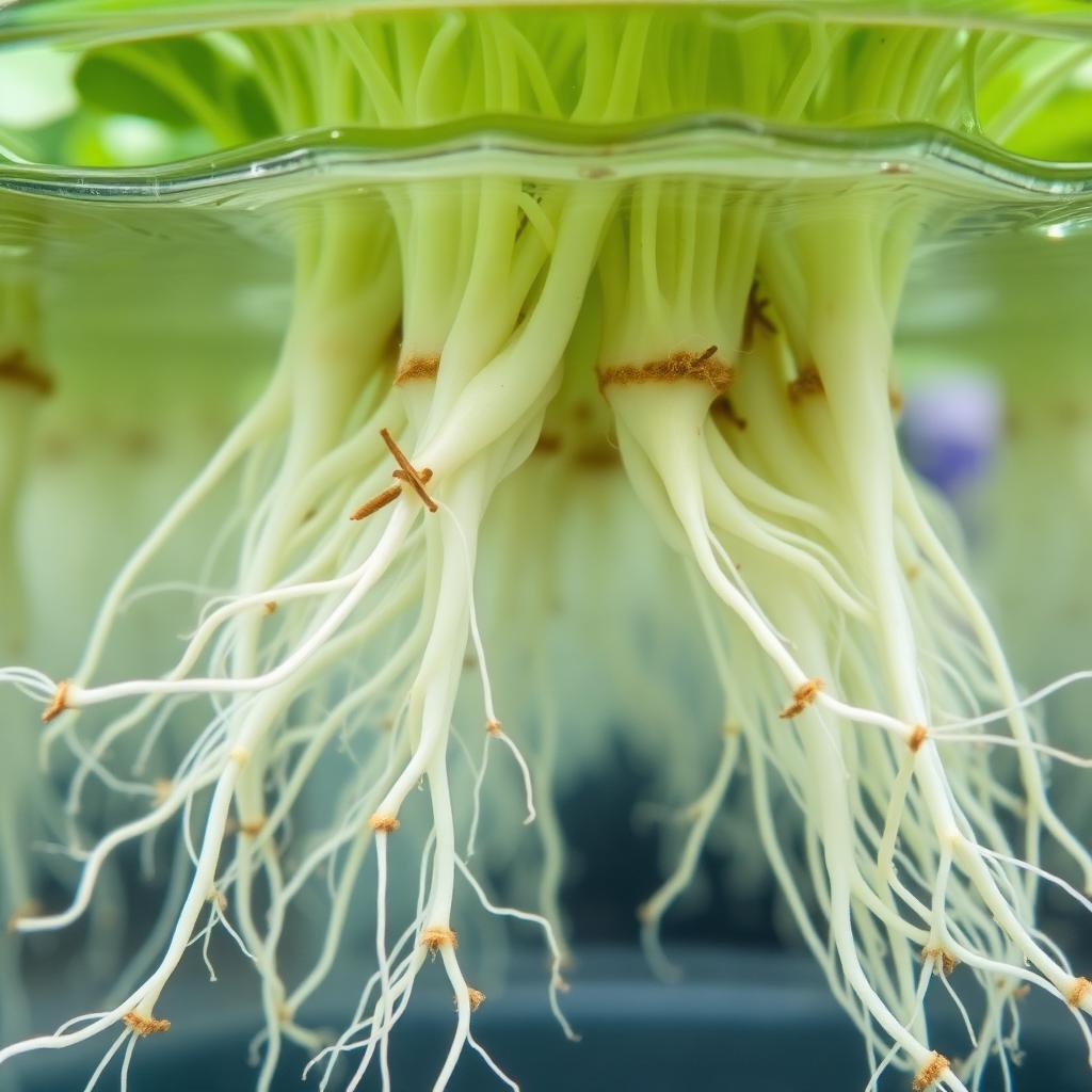 Healthy white hydroponic plant roots suspended in a clear, oxygen-rich Nana Organics MICRO, GROW and BLOOM nutrient solution