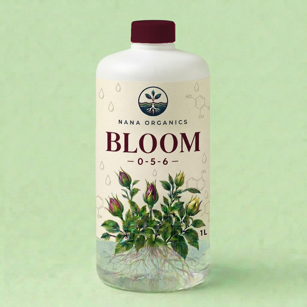 Nana Organics NaO Bloom 1L 0-5-6 hydroponic nutrient used with MICRO and GROW bottle with small rosebud blooms and roots in water
