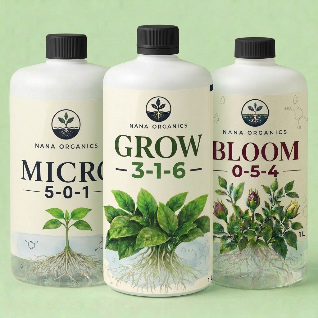 MICRO, GROW and BLOOM hydroponic nutrient bottles