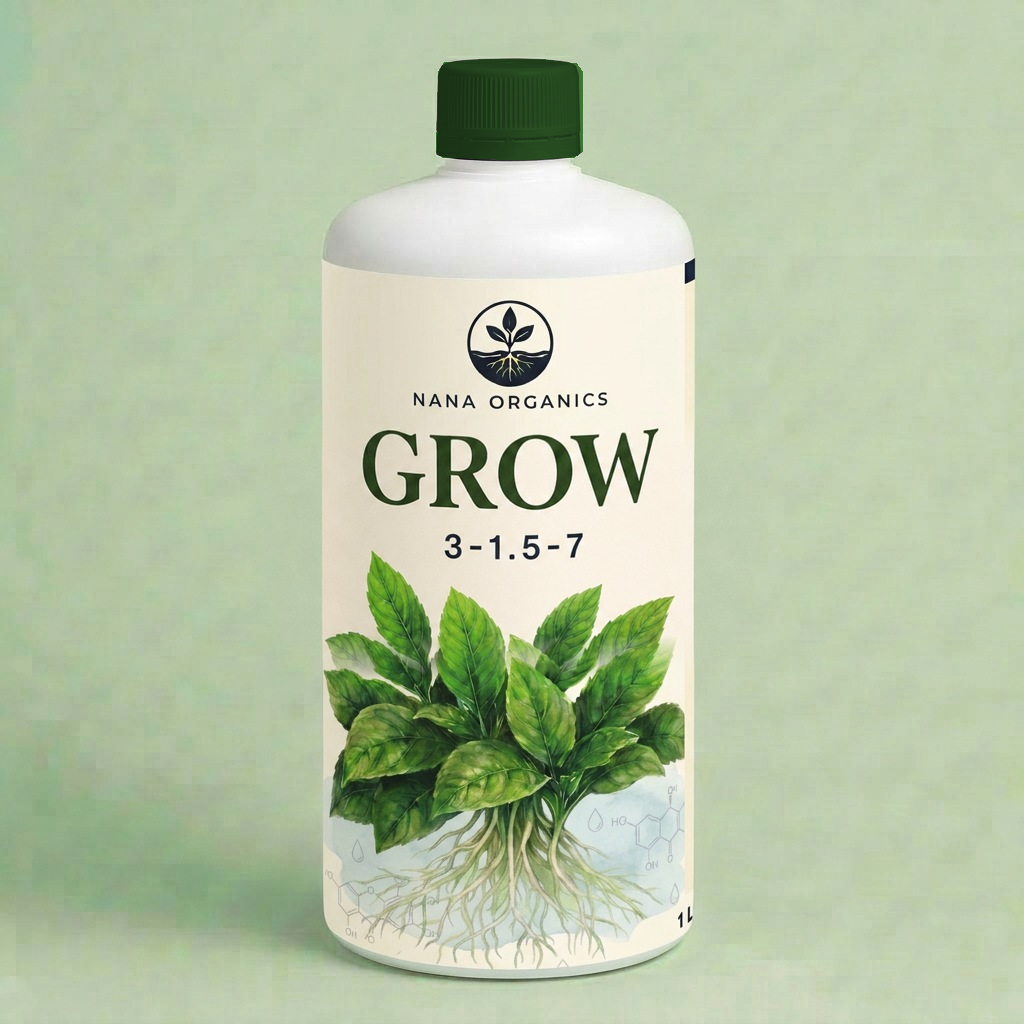 Nana Organics NaO Grow 1L 3-1.5-7 hydroponic nutrient used with MICRO and BLOOM bottle with lush green leaves and roots in water