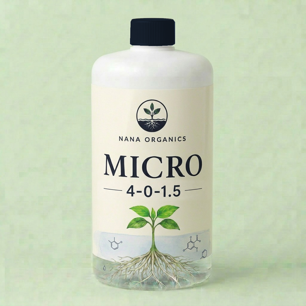 Nana Organics NaO MICRO 1L 4-0-1.5 hydroponic micronutrient bottle with seedling illustration and roots in water