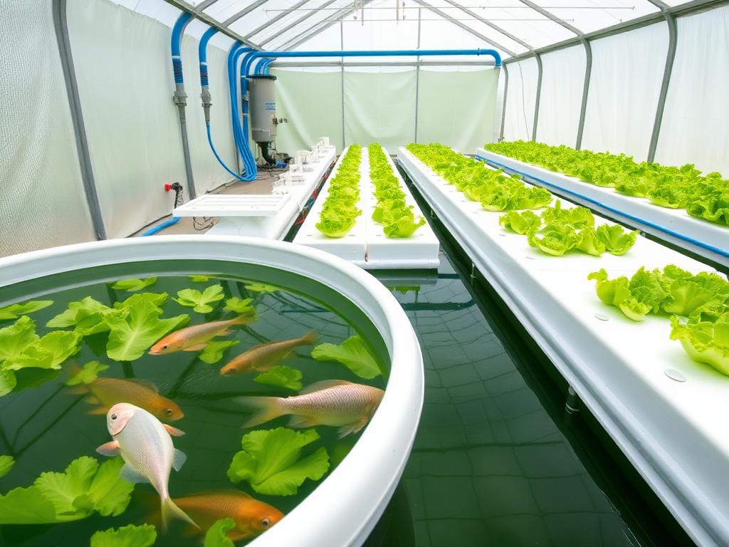 UVI-style raft aquaponics system with fish tank and four raft grow beds