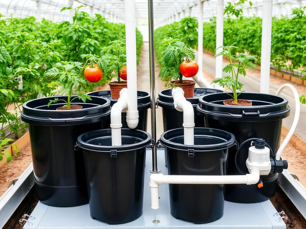Recirculating deep-water-culture 4-bucket hydroponic system for tomatoes